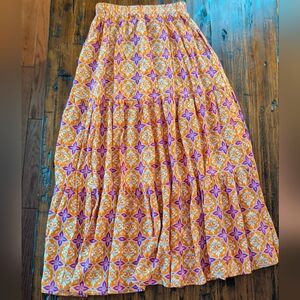 Vibrant Orange Bohemian Print Tiered Maxi Skirt Size S New